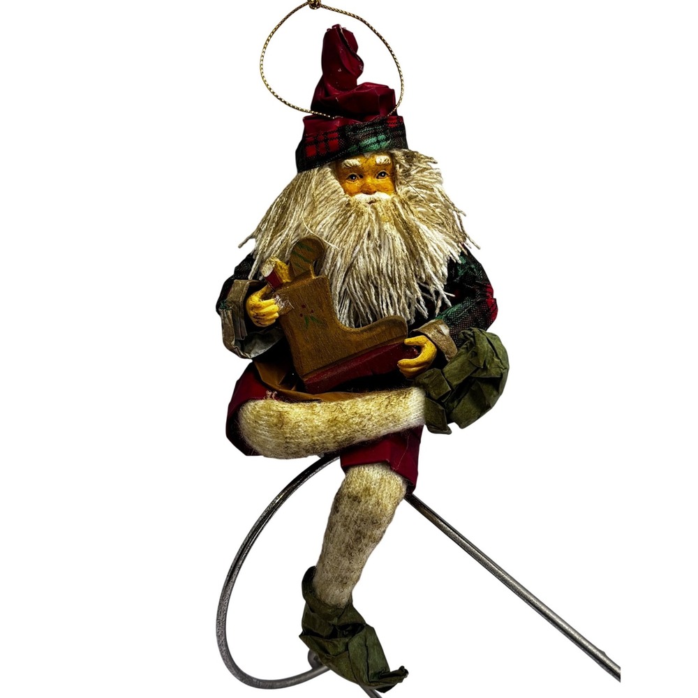 Vtg Santa Claus Christmas Ornament Plaid Hat Wooden Paper Mache 7 in